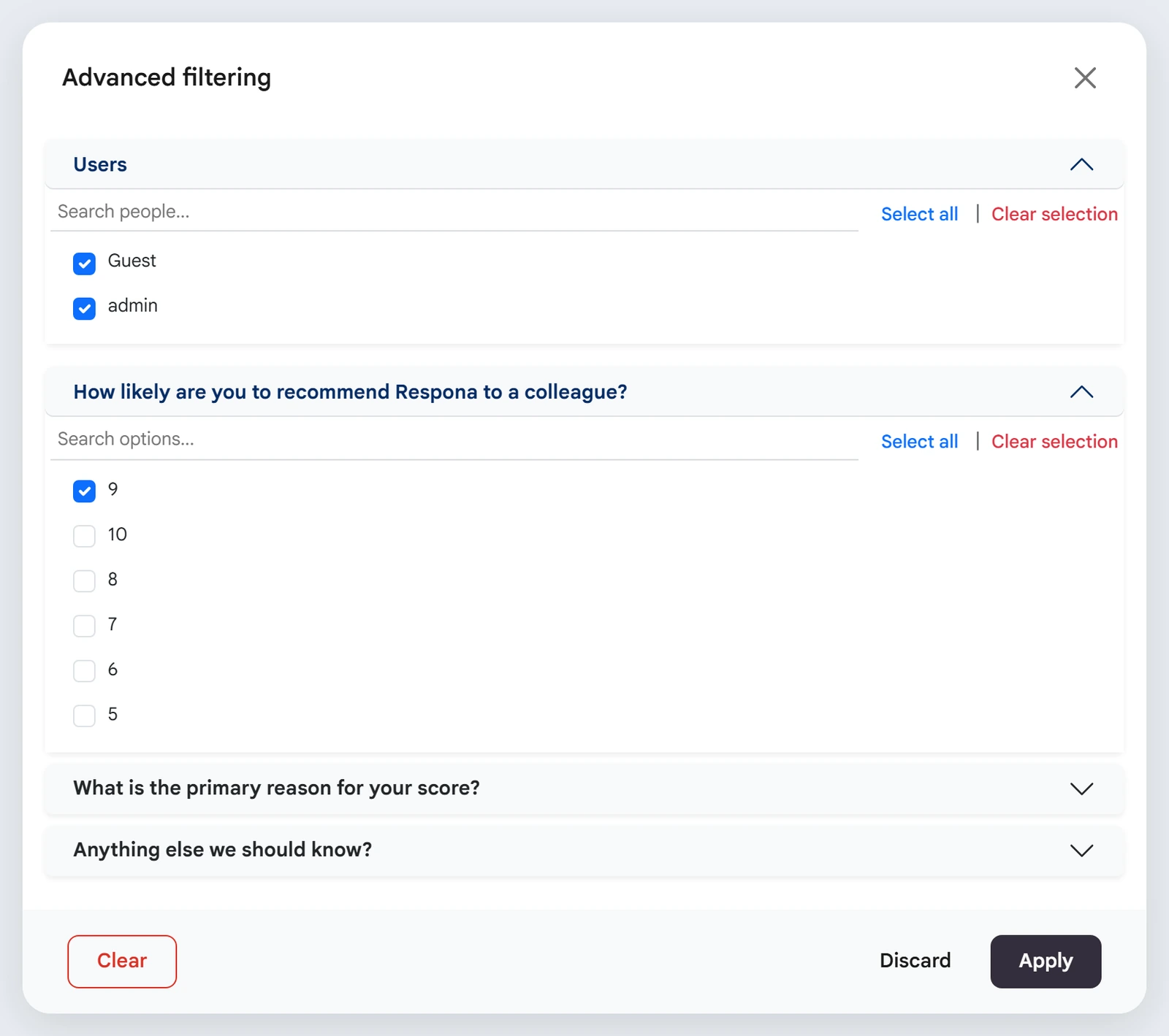 Advanced filtering modal with users and satisfaction options selected