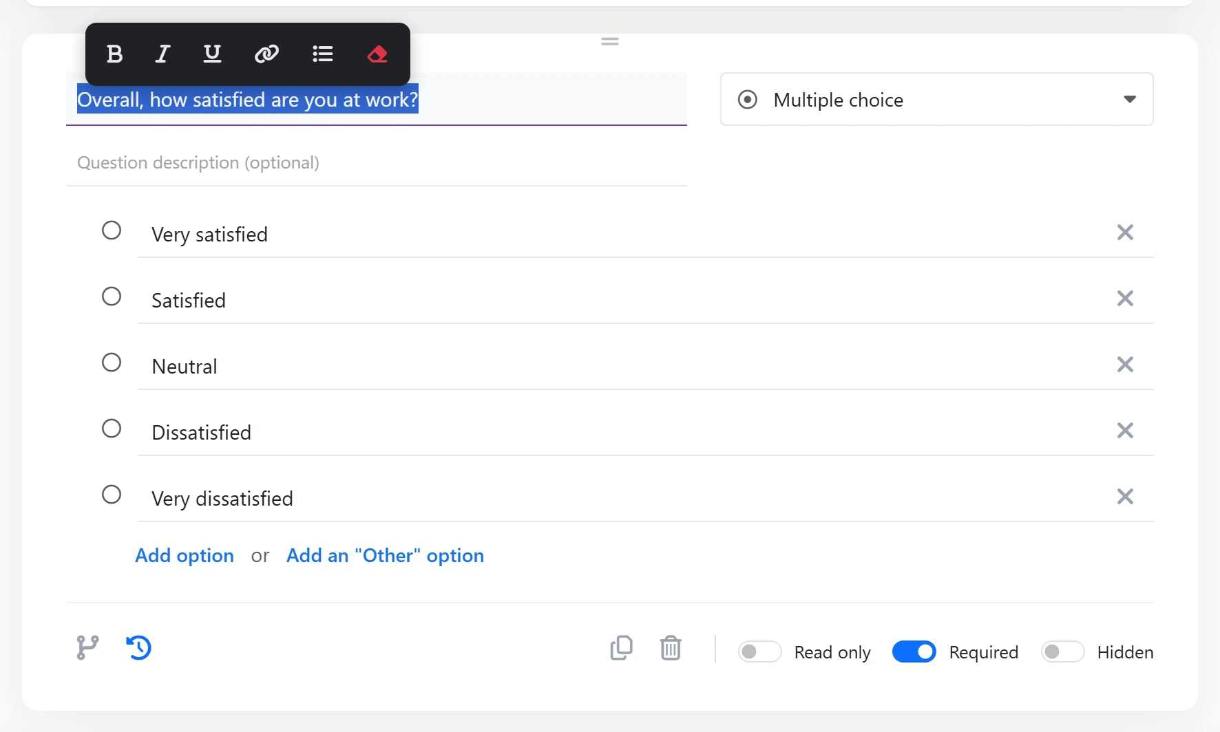 Builder card with selected question title and floating rich-text formatting toolbar