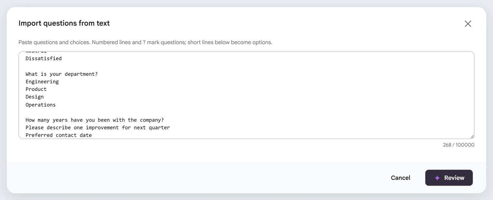 Import from text modal with pasted draft questions