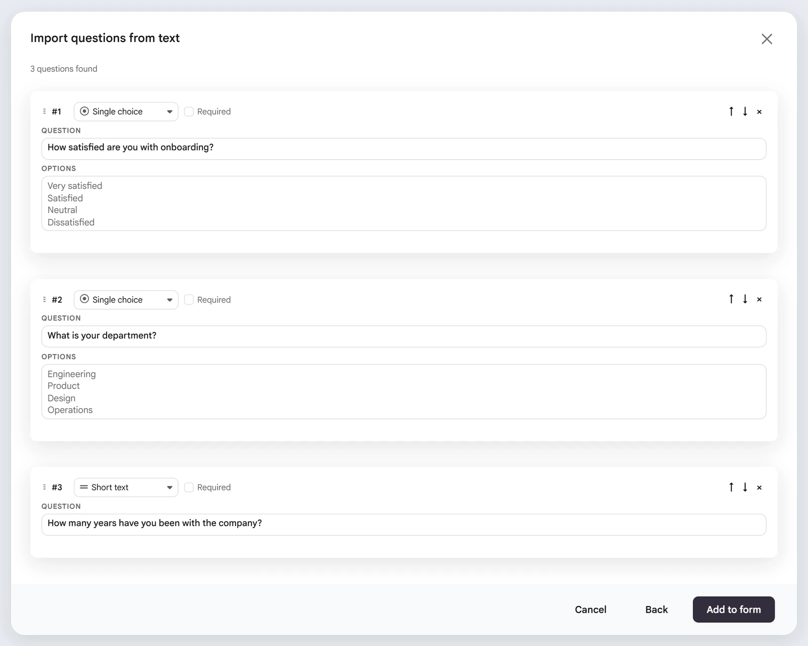 Import from text review step with parsed questions and type pickers