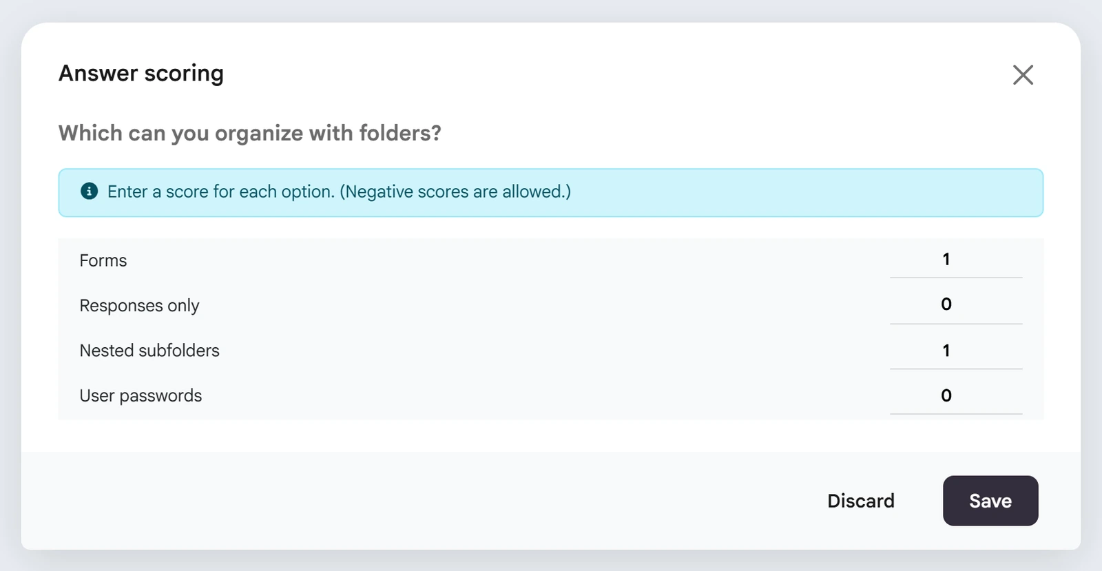 Answer scoring modal for Where do you create a new form with option point inputs
