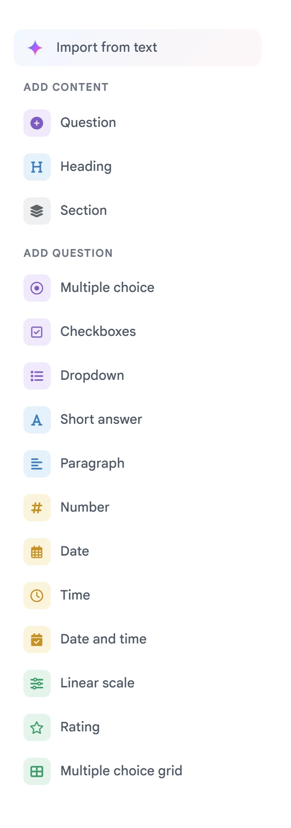 Builder sidebar listing all question types and Import from text