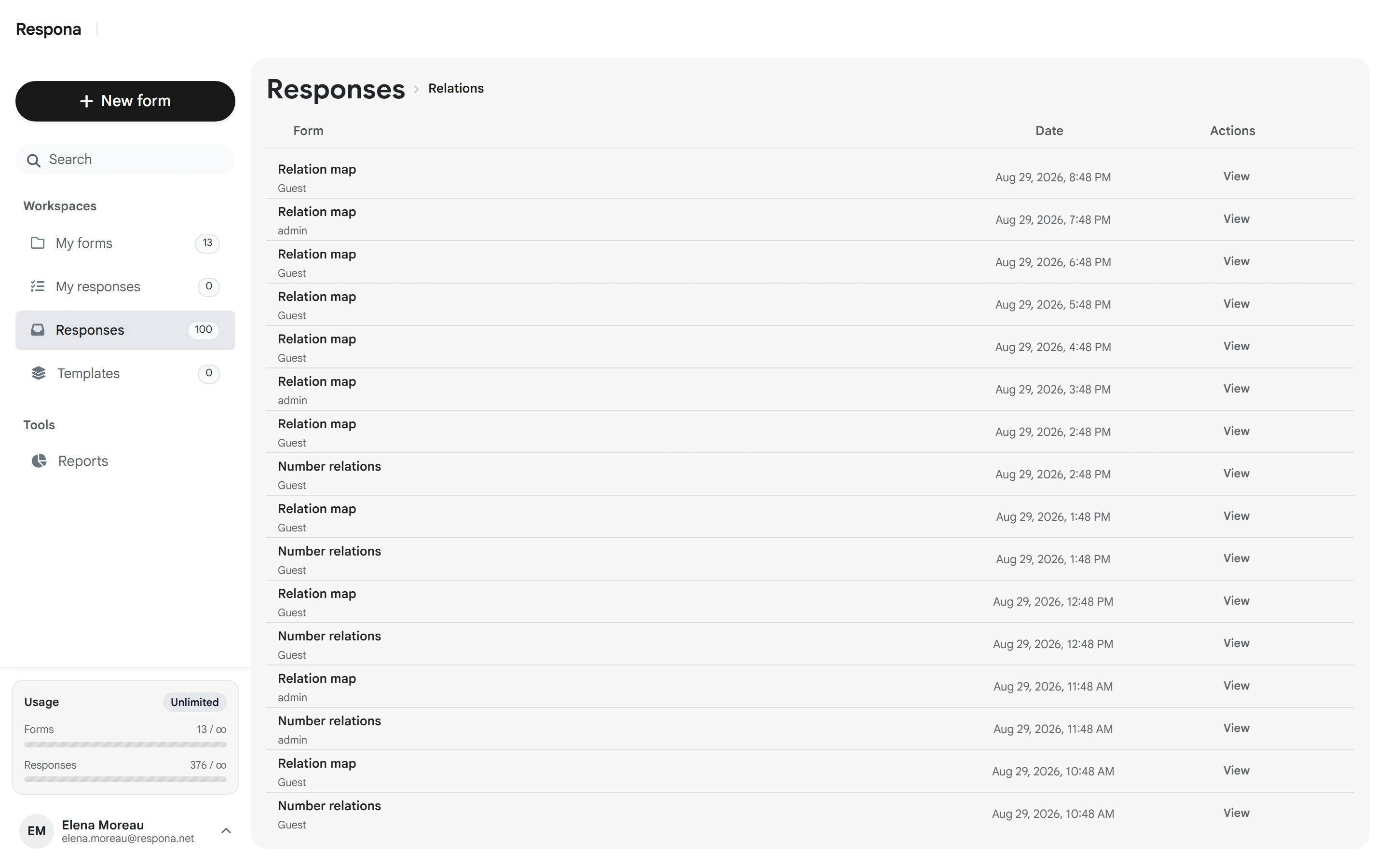 Responses inbox listing recent form submissions
